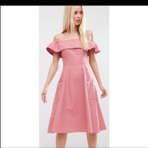 ASOS coral pink off the shoulder midi dress
